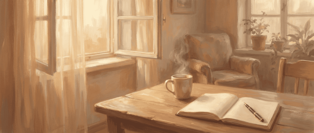 Arrêter de penser à son ex : fenêtre ouverte au petit matin, tasse de thé et carnet posés sur une table, lumière orangée apaisante — réinvestir un espace à soi après une rupture.