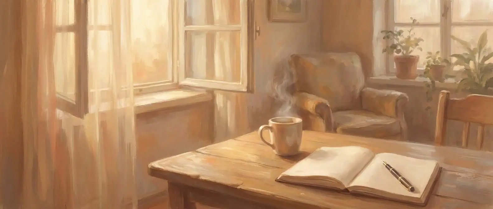 Arrêter de penser à son ex : fenêtre ouverte au petit matin, tasse de thé et carnet posés sur une table, lumière orangée apaisante — réinvestir un espace à soi après une rupture.