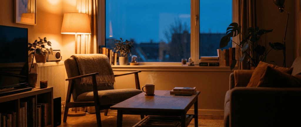 Solitude après une séparation : fenêtre éclairée à la tombée du soir, une seule lampe allumée dans un intérieur calme, lumière ocre et chaude — réapprendre à habiter sa propre vie.