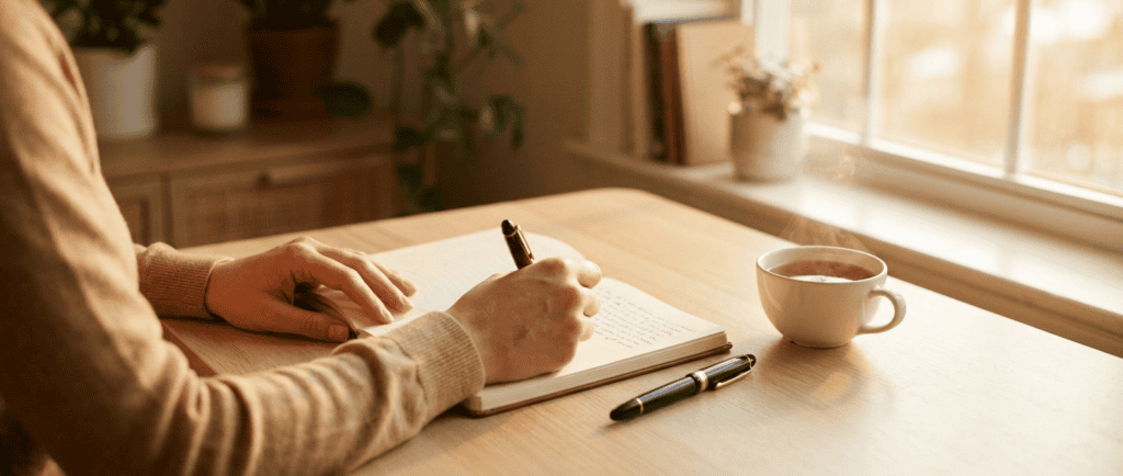 Relation toxique : noter les faits dans un carnet près d'une fenêtre, lumière chaude du matin — sortir du doute et retrouver sa clarté.