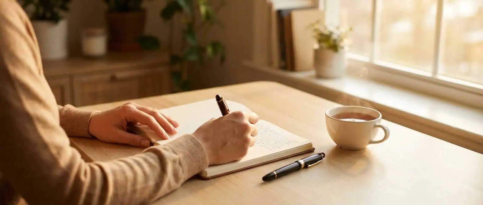 Relation toxique : noter les faits dans un carnet près d'une fenêtre, lumière chaude du matin — sortir du doute et retrouver sa clarté.