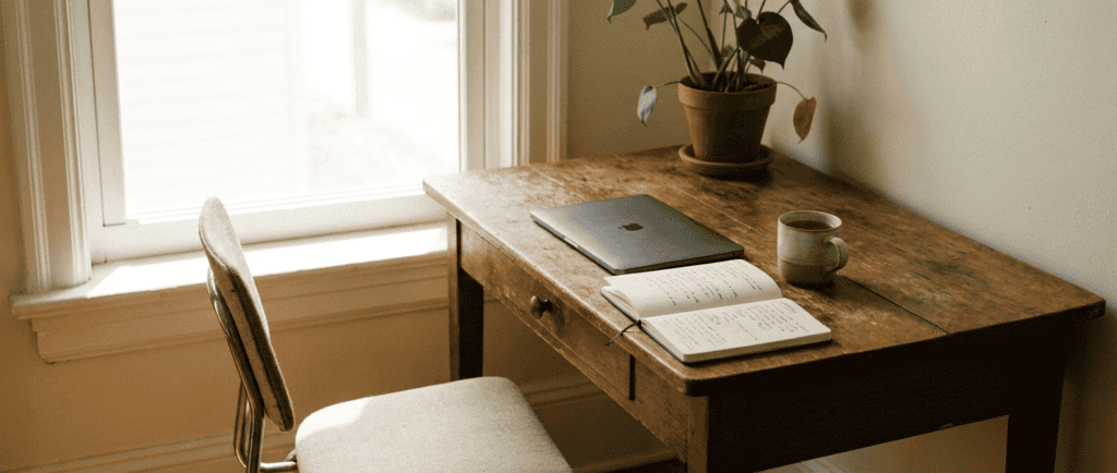 Burn out que faire : bureau en bois près d'une fenêtre lumineuse en fin de journée, chaise vide tournée vers la lumière, ordinateur portable fermé, ambiance apaisée après la tension du travail