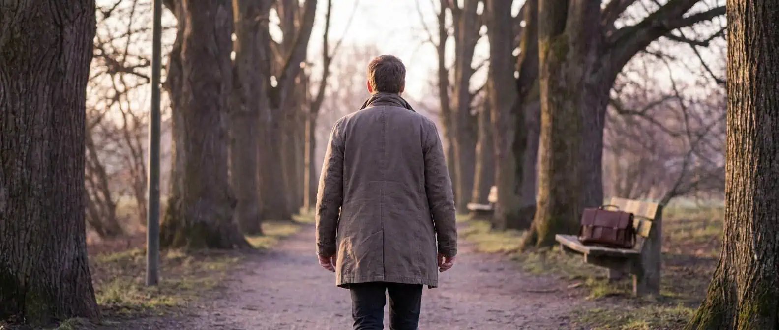 accompagnement burn out à Montargis et en visio — chemin arboré dans la lumière douce du matin, personne marchant apaisée, sacoche de travail laissée sur un banc, Institut Self Attitude