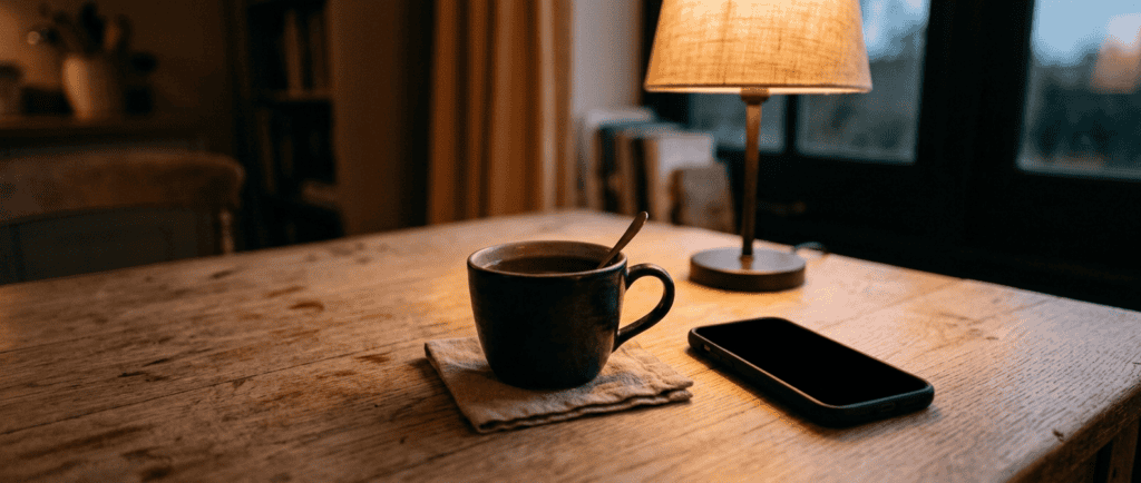 Colère contre soi-même : table de cuisine éclairée par une lampe basse en fin de soirée, une tasse refroidie
