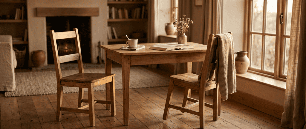 Colère ou violence : deux chaises se faisant face autour d'une table en bois clair, l'une légèrement écartée