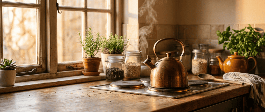 Crise de colère chez l'adulte : bouilloire laissant monter une fine vapeur dans une cuisine baignée de lumière du matin