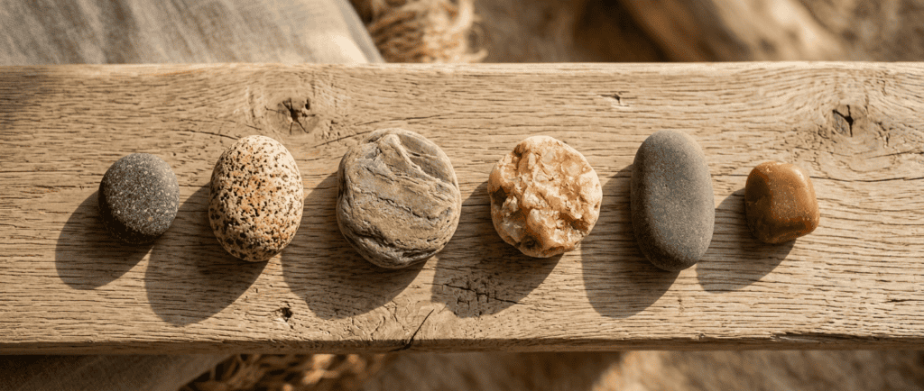 Types de colère : six galets de tailles et de textures différentes alignés sur une planche de bois clair
