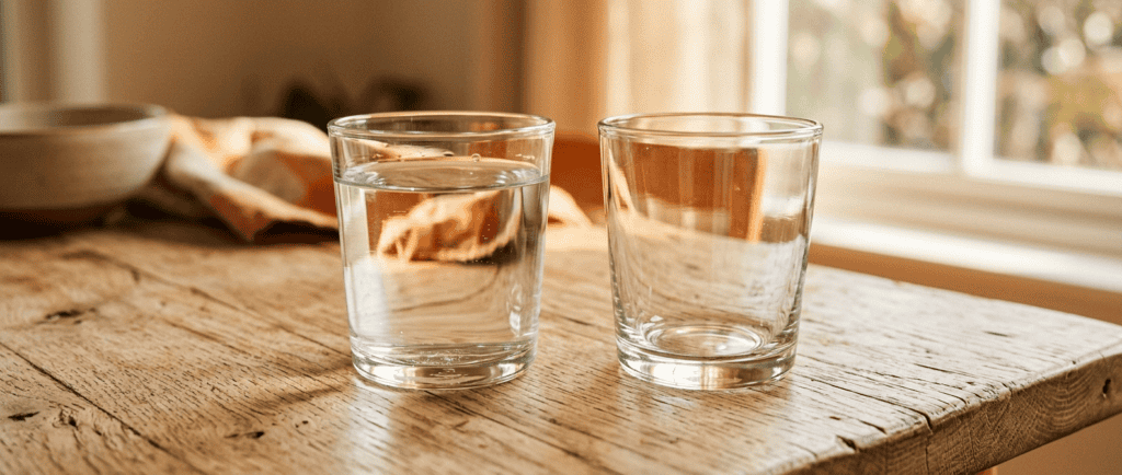 Colère et frustration : deux verres posés côte à côte sur une table en bois, l'un rempli d'eau, l'autre vide