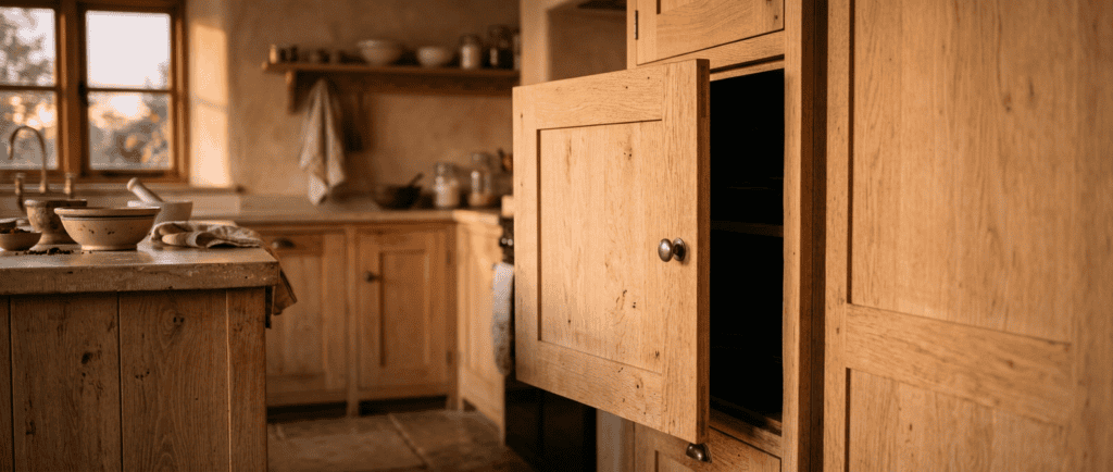 Colère refoulée : porte de placard entrouverte dans une cuisine calme, en fin de journée