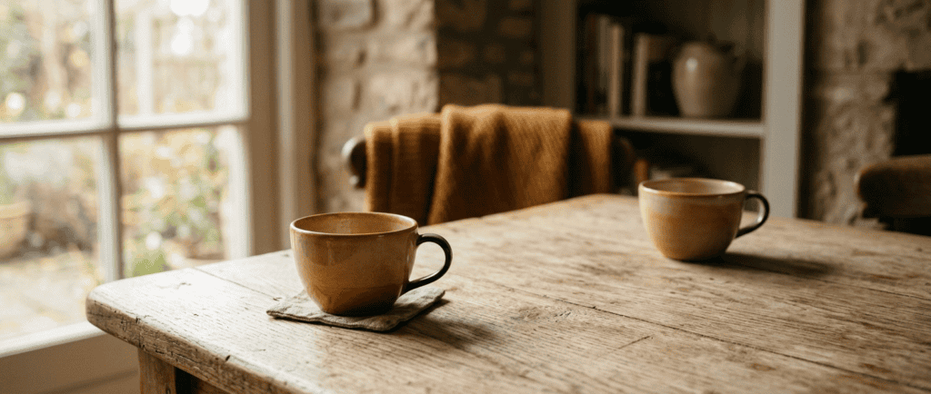 Colère froide : deux tasses de thé refroidies posées à distance l'une de l'autre sur une table en bois