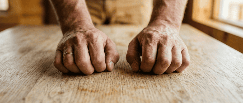 La colère dans le corps : mains d'adulte posées à plat et légèrement crispées sur une table en bois clair