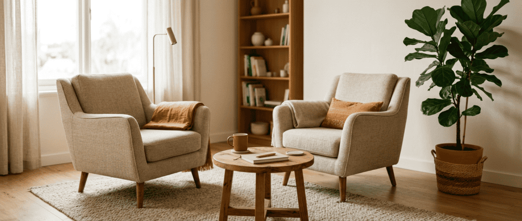 Quelle thérapie pour la colère : deux fauteuils en tissu clair disposés face à face dans une pièce lumineuse
