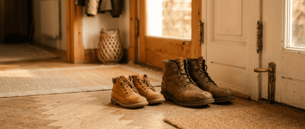 Crier sur son enfant : petite paire de chaussures posée près d'une porte d'entrée à côté de chaussures d'adulte