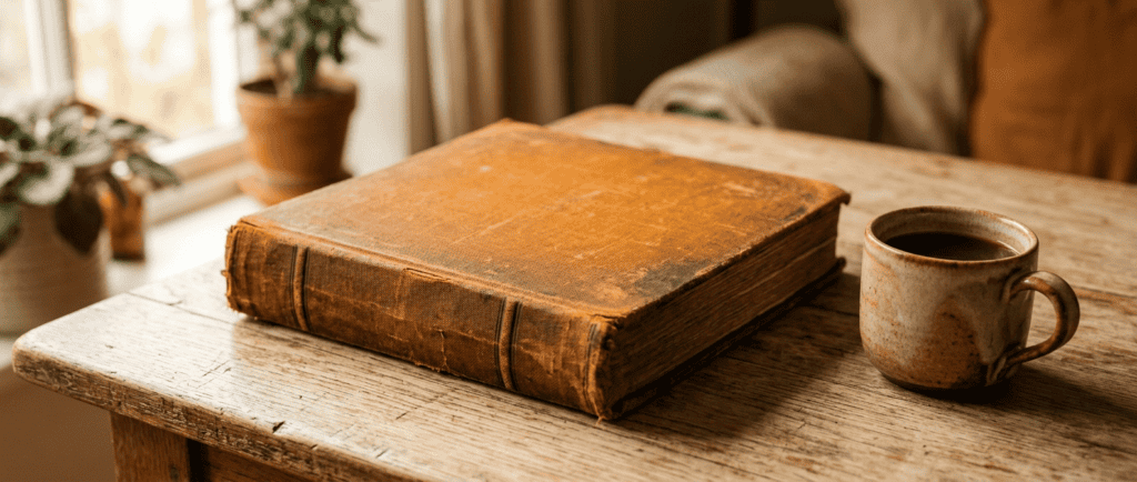 Colère envers ses parents : album photo ancien fermé, posé sur une table en bois clair